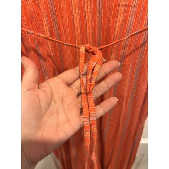Free People Women's Medium Orange Metallic Stripe Maxi Dress Boho Festival Tie - Picture 10 of 15